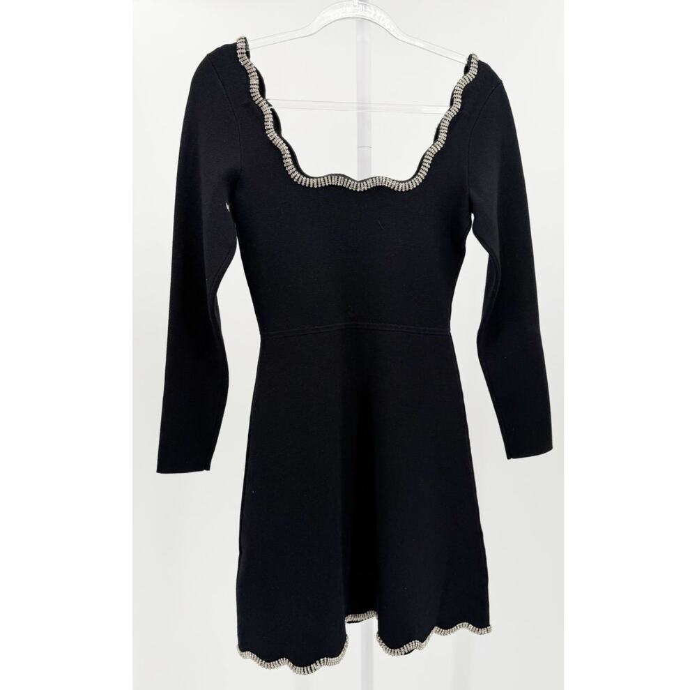Sandro Paris Black Knit Crystal Embellished Mini Dress Scalloped Trim 36 US 2